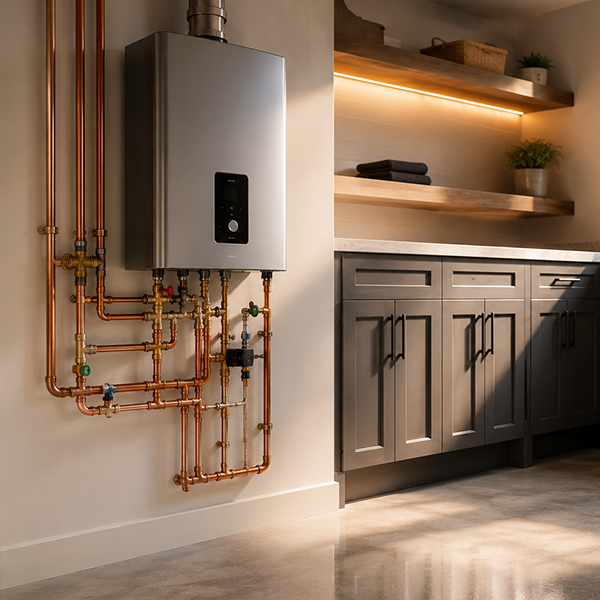 Modern tankless water heater after professional replacement in Spring TX