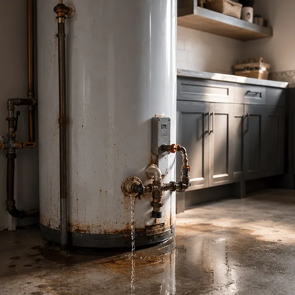 Older leaking tank water heater before professional replacement in Spring TX