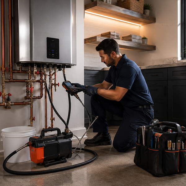 Technician performing preventive tankless water heater maintenance in Spring TX