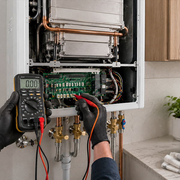 Technician servicing a modern tankless water heater in Spring TX