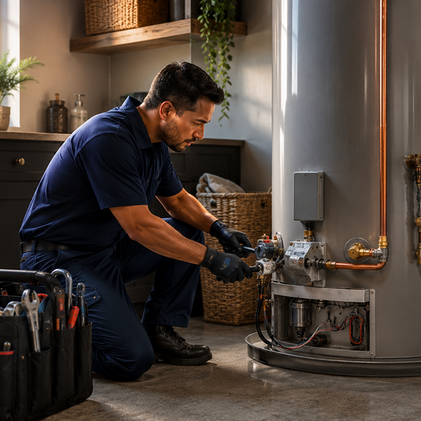 Technician repairing a residential water heater in Spring TX